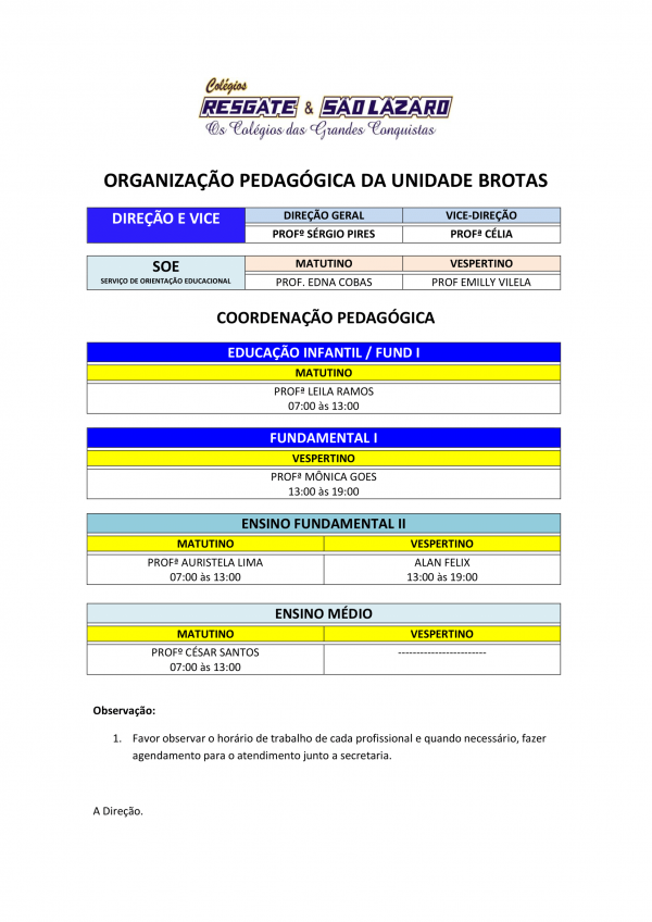 ORGANIZAÇÃO PEDAGÓGICA DA UNIDADE BROTAS - 2024
